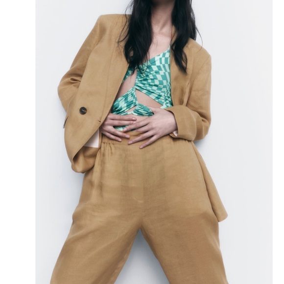 ❌SOLD❌ ZARA 100% Linen pants Tapered High waist Elastic - Picture 6 of 16